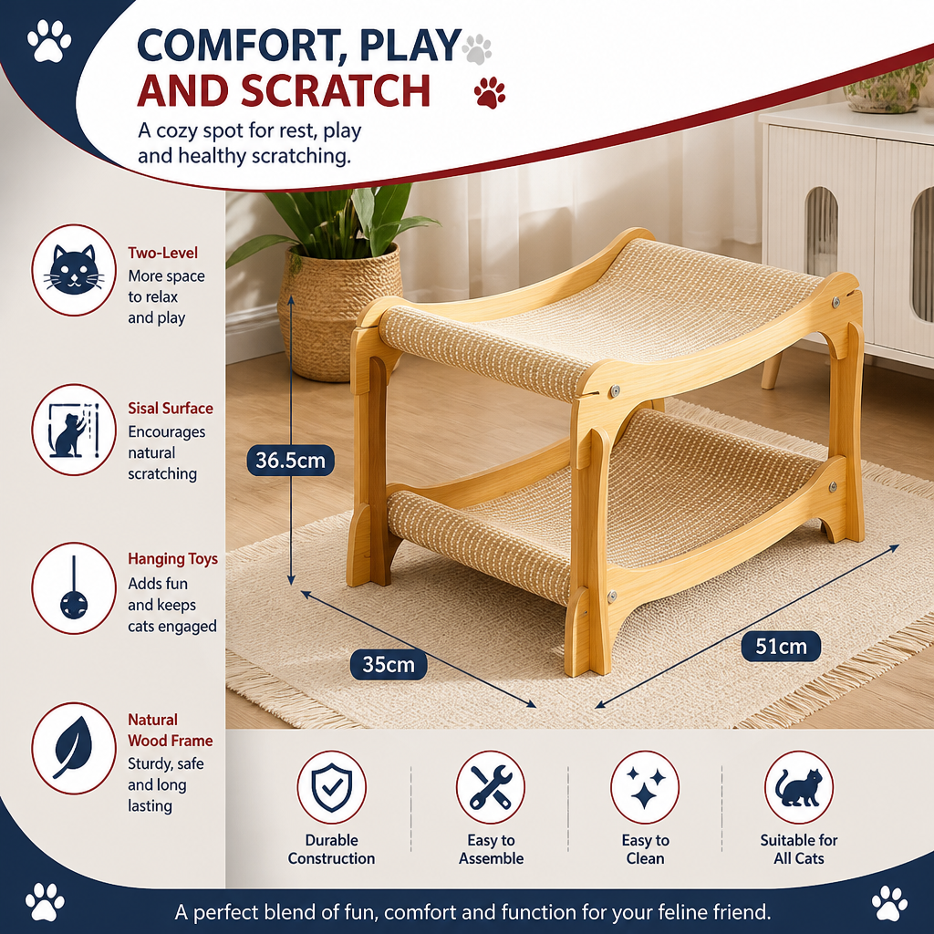 Wooden Double-Decker Cat Play & Lounge Bed with Sisal Scratching Ramp and Hanging Toys