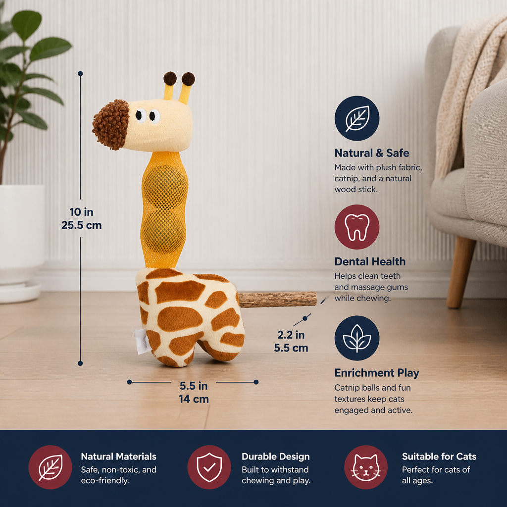 3-in-1 Dental Giraffe Cat Toy – Plush, Catnip Balls & Natural Chew Stick