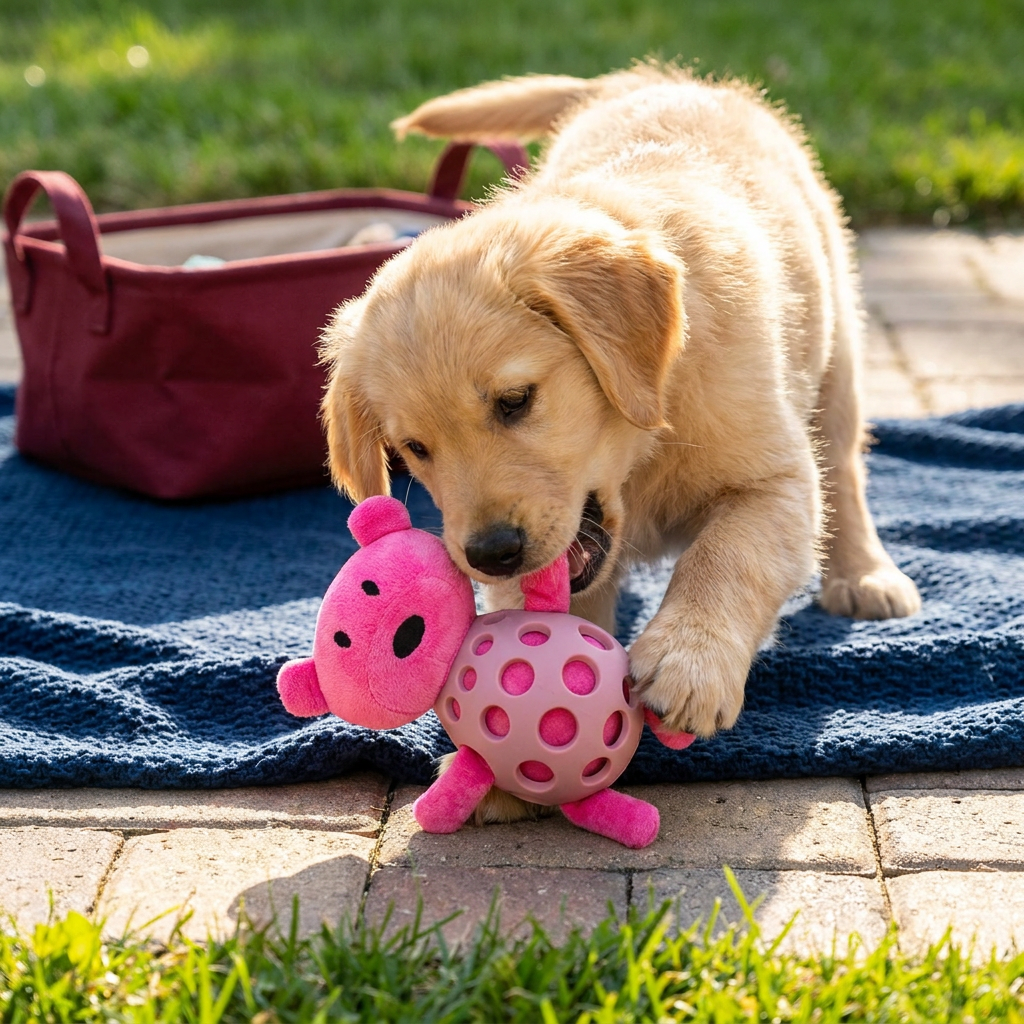 2-in-1 Bear Dog Toy – Squeaky Plush & Dental Chew Ball