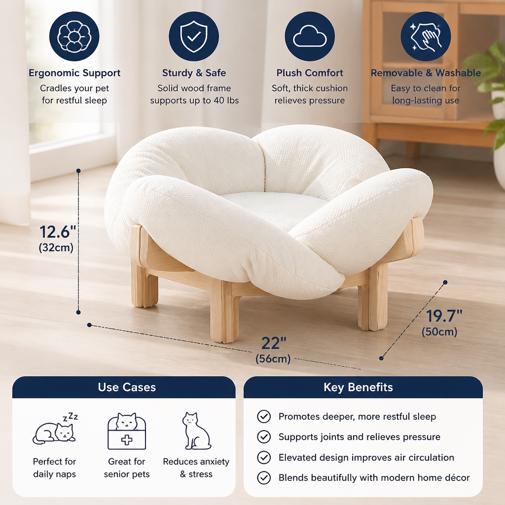 Luxury Elevated Wooden Flower Pet Bed with Plush Cushion