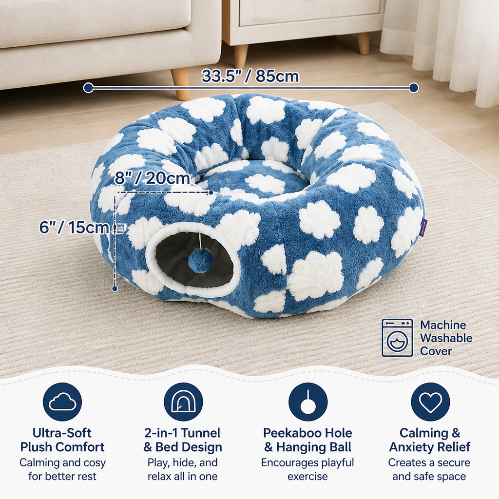 Fluffy 2-in-1 Pet Play Tunnel & Calming Bed with Cozy Blanket and Peekaboo Hole