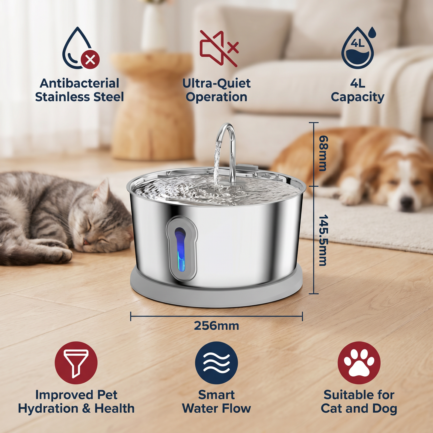 Smart Antibacterial Stainless Steel Pet Water Fountain – 4L Ultra-Quiet for Improved Pet Hydration & Health
