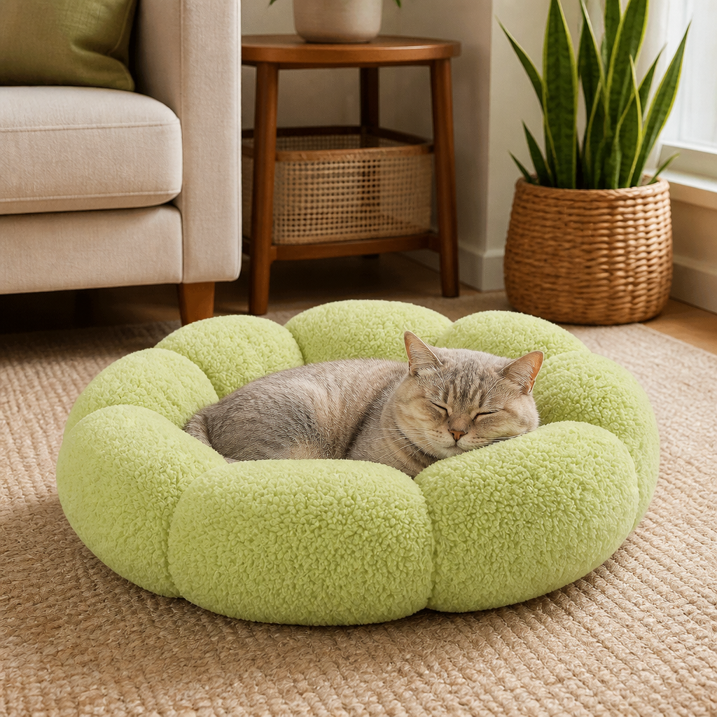 Luxury Floral Fluffy Donut Cat Bed โ Soft & Washable Round Cushion