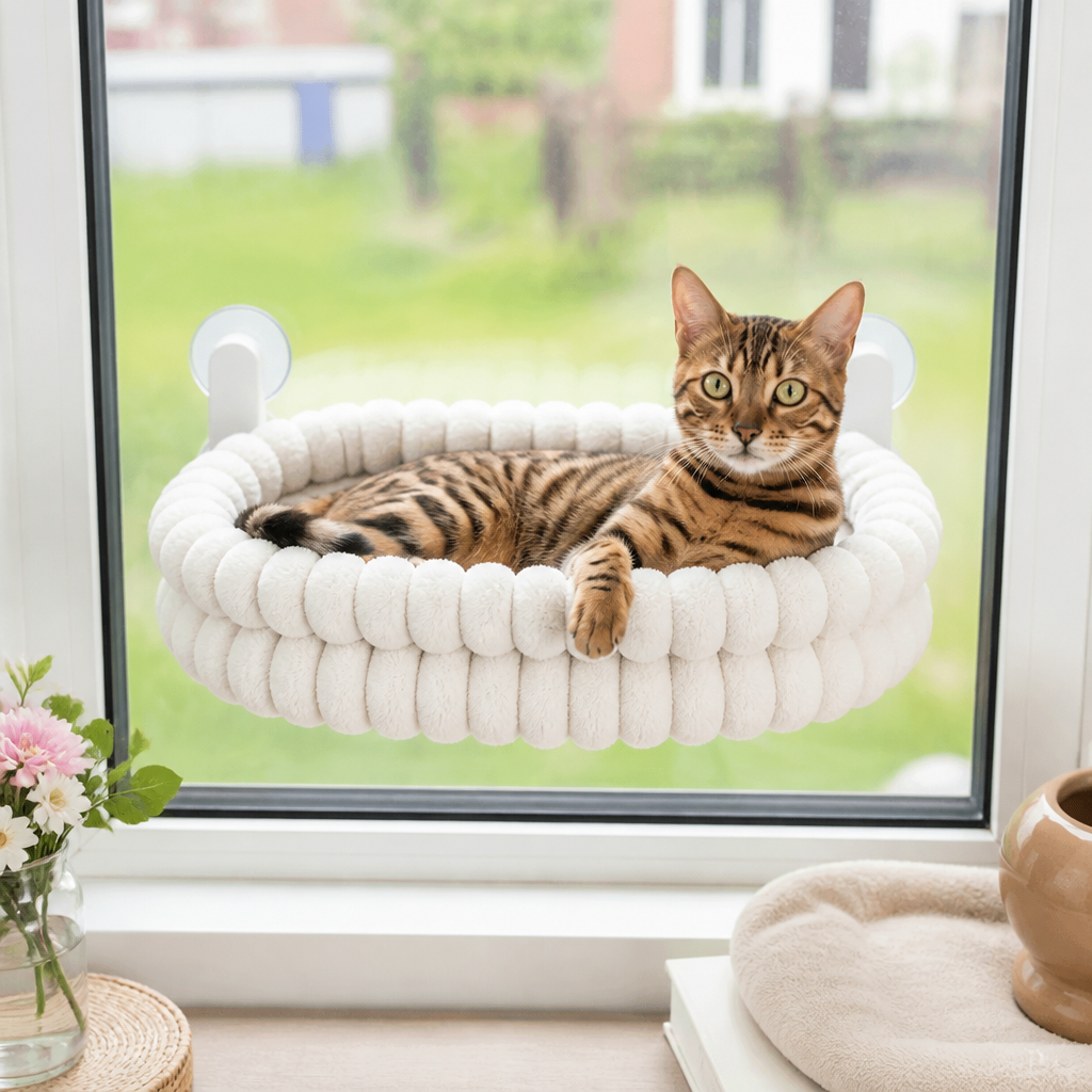 Fluffy Cordless Folding Cat Window Hammock with Strong Suction Cups & Washable Cover