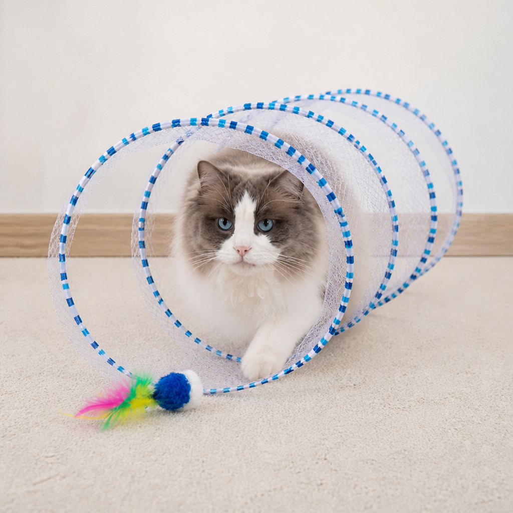 Collapsible Spiral Cat Play Tunnel with Feather Bells