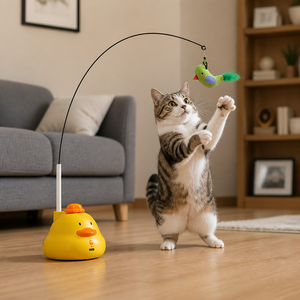 Interactive Duck Wand Cat Toy with Moving Feather and Fun Chase Play