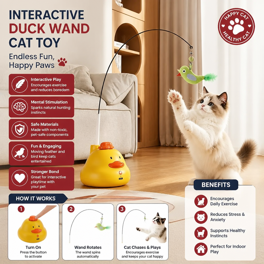 Interactive Duck Wand Cat Toy with Moving Feather and Fun Chase Play