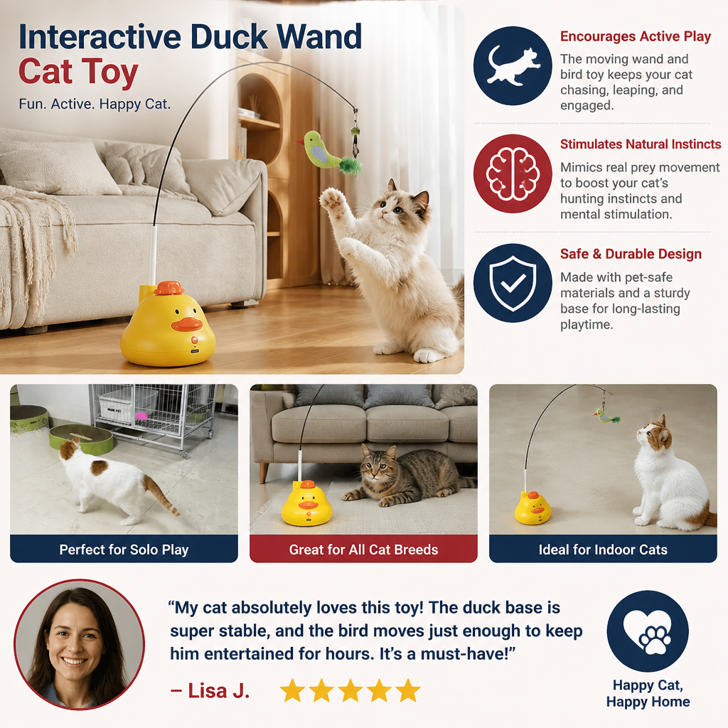 Interactive Duck Wand Cat Toy with Moving Feather and Fun Chase Play