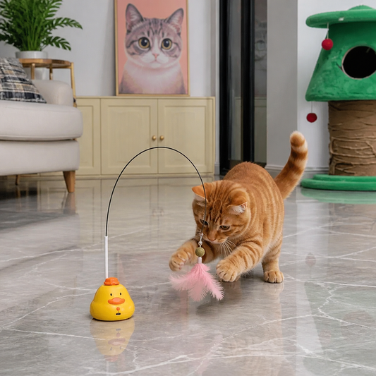 Interactive Duck Wand Cat Toy with Moving Feather and Fun Chase Play