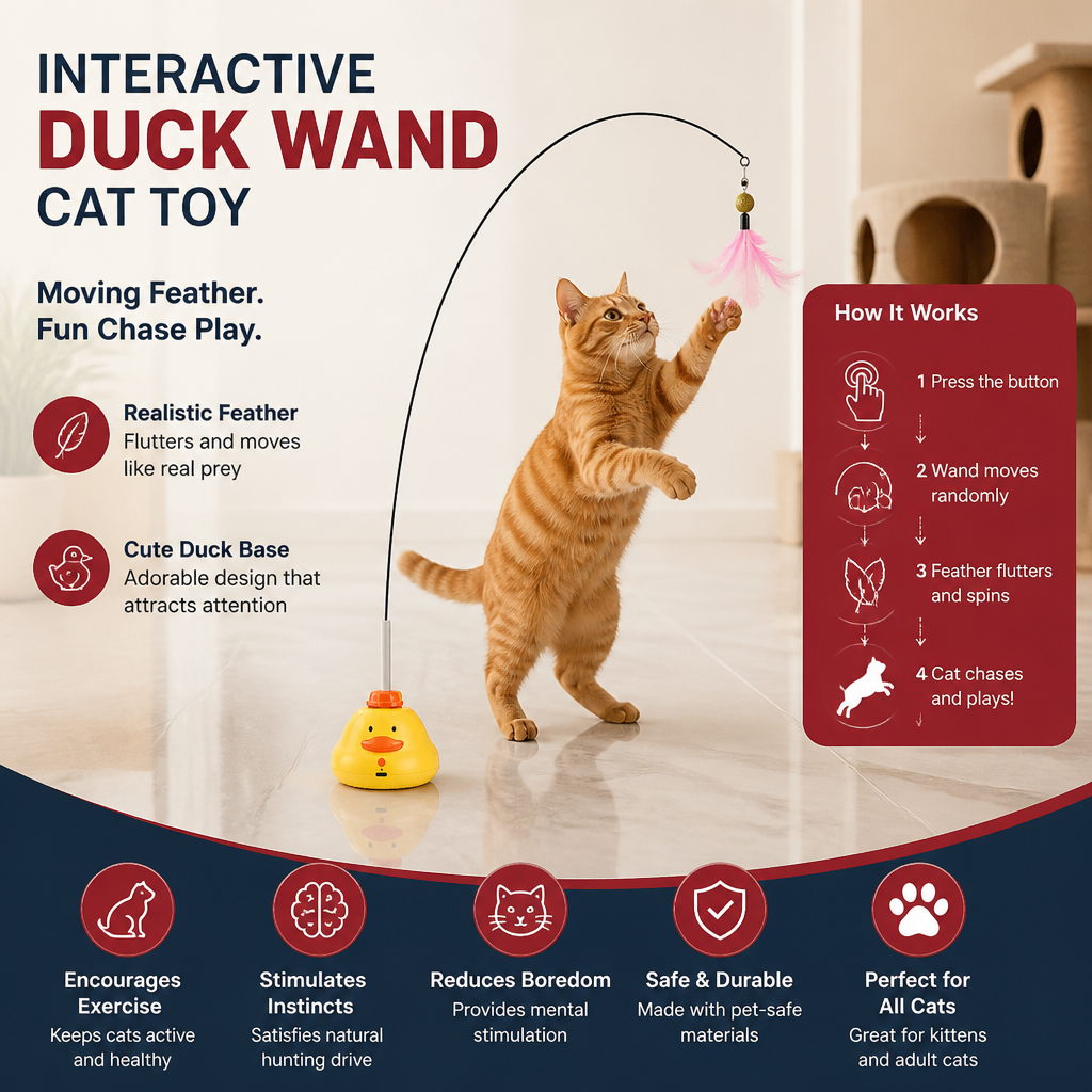 Interactive Duck Wand Cat Toy with Moving Feather and Fun Chase Play