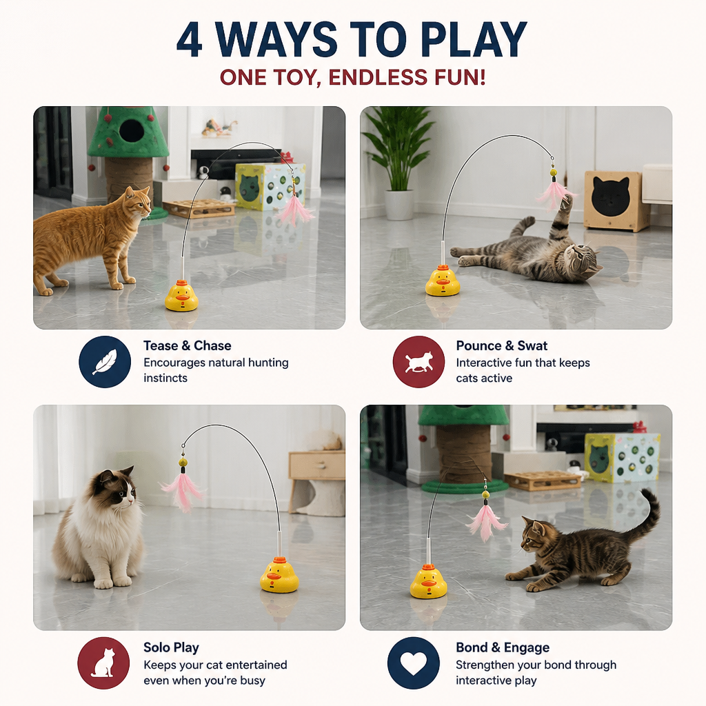 Interactive Duck Wand Cat Toy with Moving Feather and Fun Chase Play