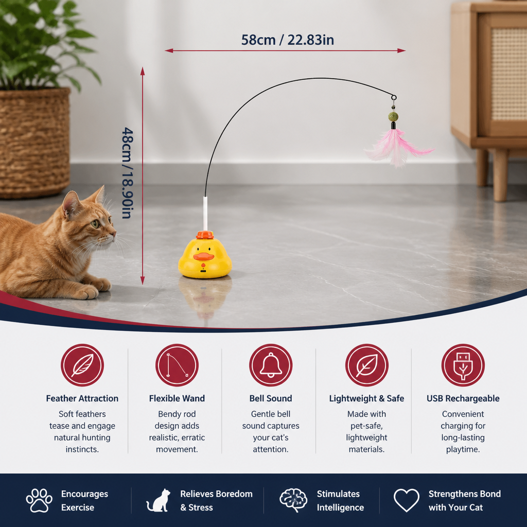 Interactive Duck Wand Cat Toy with Moving Feather and Fun Chase Play