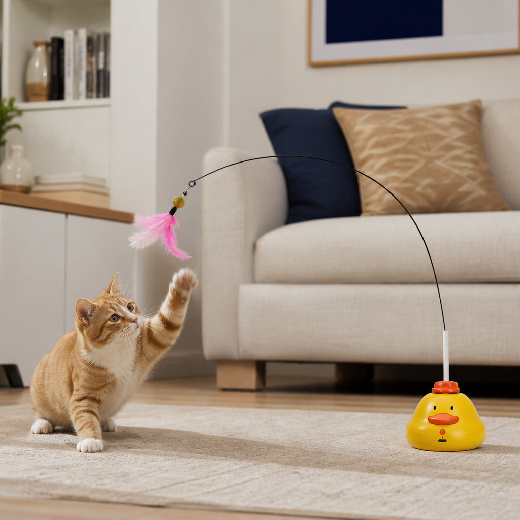 Interactive Duck Wand Cat Toy with Moving Feather and Fun Chase Play