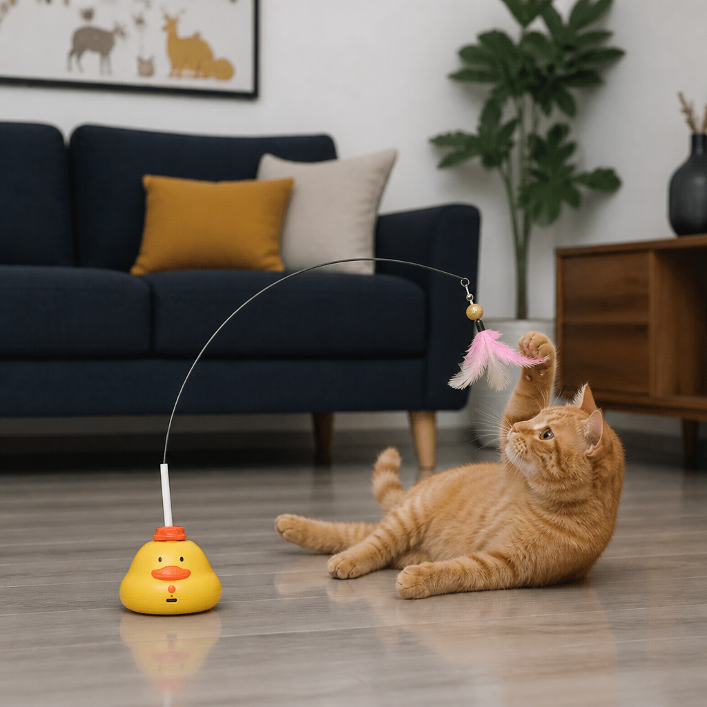 Interactive Duck Wand Cat Toy with Moving Feather and Fun Chase Play