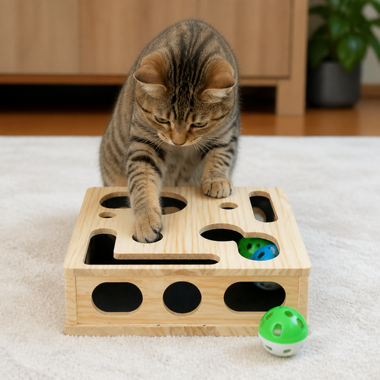 Interactive Wooden Cat Puzzle Box – Scratch, Hide & Treat Enrichment Toy