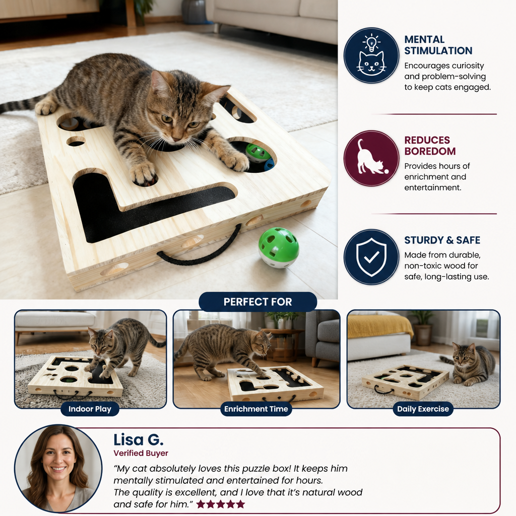 Interactive Wooden Cat Puzzle Box – Scratch, Hide & Treat Enrichment Toy