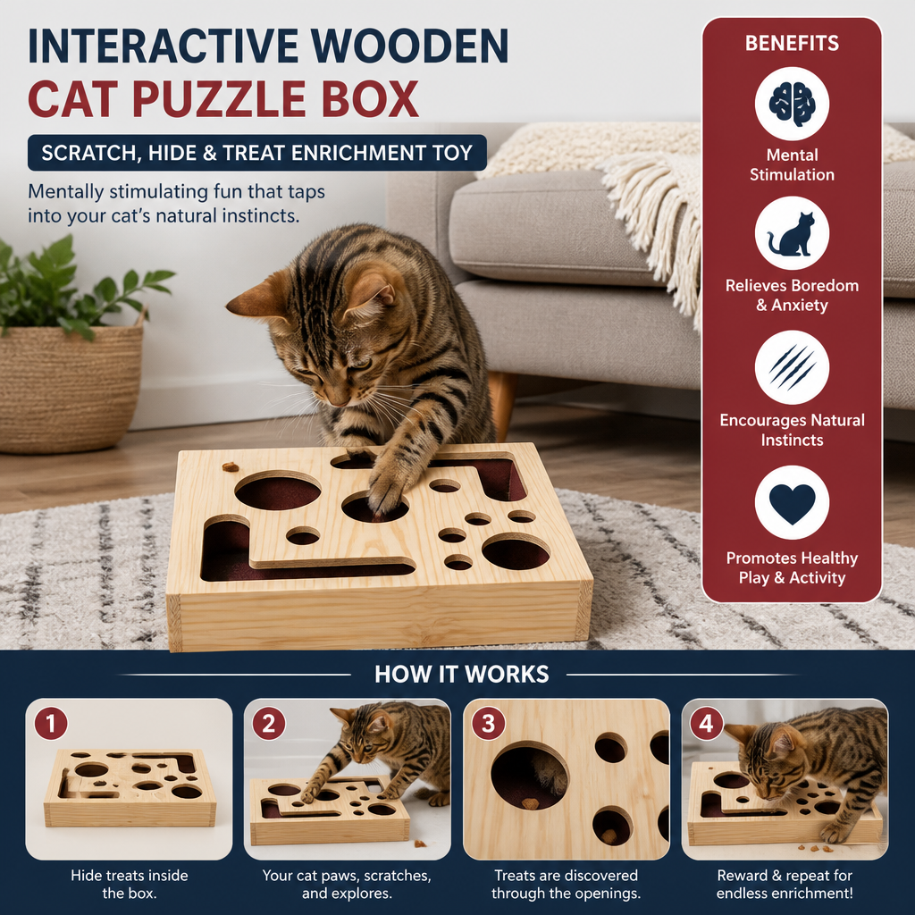 Interactive Wooden Cat Puzzle Box – Scratch, Hide & Treat Enrichment Toy
