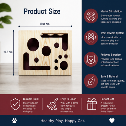 Interactive Wooden Cat Puzzle Box – Scratch, Hide & Treat Enrichment Toy