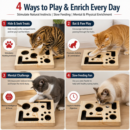 Interactive Wooden Cat Puzzle Box – Scratch, Hide & Treat Enrichment Toy