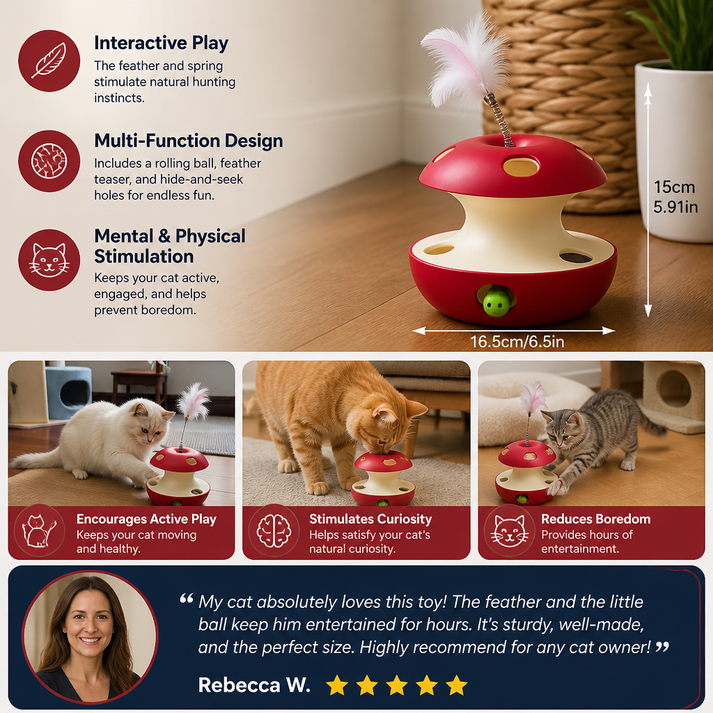 3-in-1 Apple-Shaped Cat Toy – Interactive Feather & Ball Toy