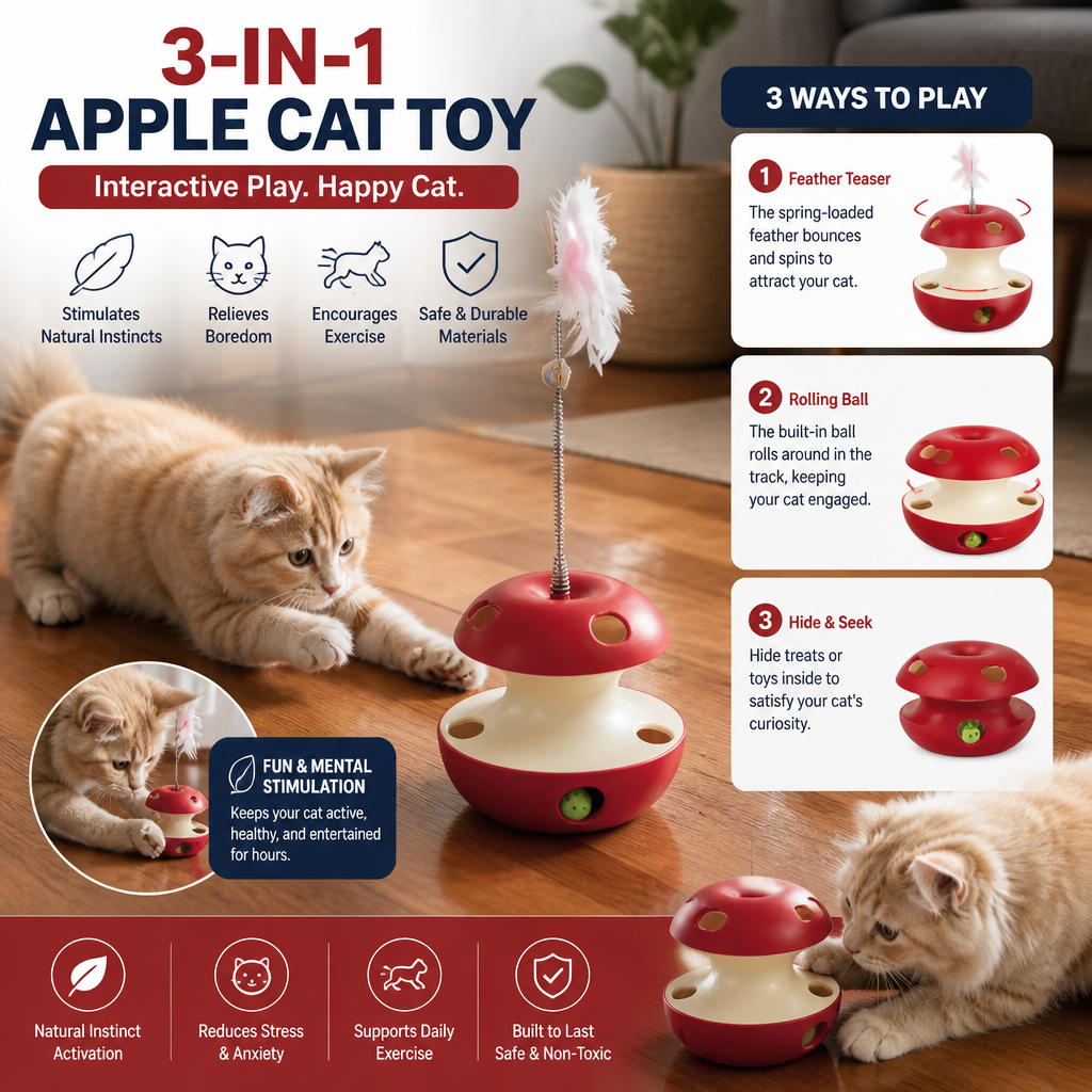 3-in-1 Apple-Shaped Cat Toy – Interactive Feather & Ball Toy