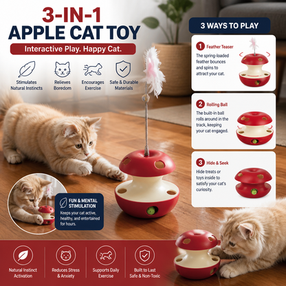 3-in-1 Apple-Shaped Cat Toy – Interactive Feather & Ball Toy