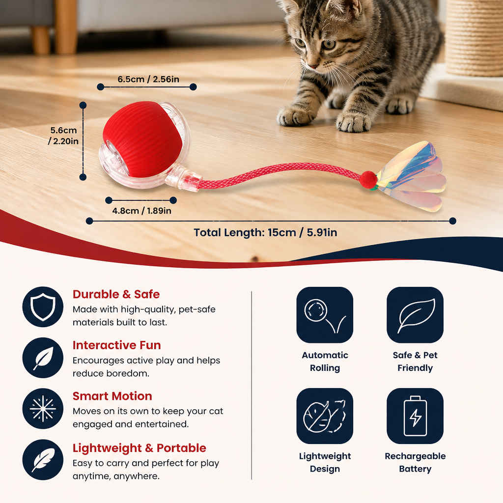 Upgraded Smart Rolling Cat Ball – Durable Interactive Toy with Mesh Tail