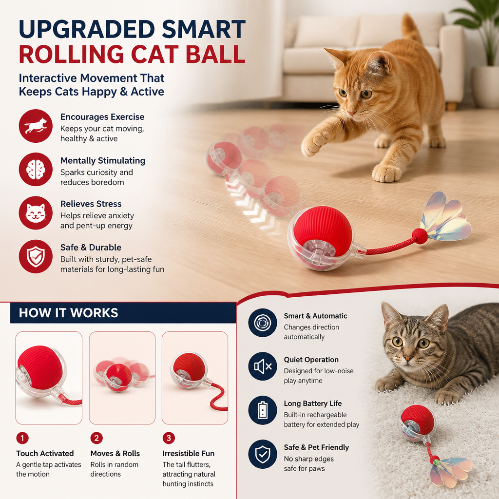 Upgraded Smart Rolling Cat Ball – Durable Interactive Toy with Mesh Tail