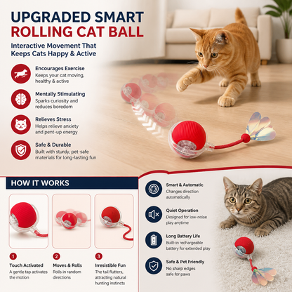 Upgraded Smart Rolling Cat Ball – Durable Interactive Toy with Mesh Tail