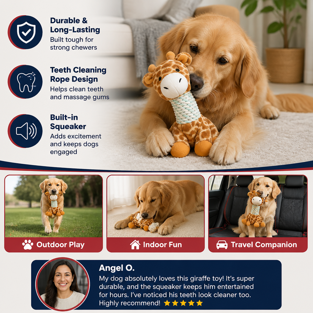Durable Animal Plush Rope Dog Toy with Squeaker & Teeth Cleaning