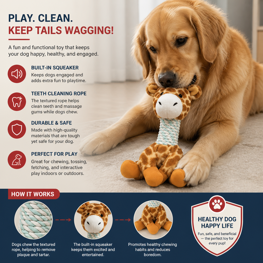 Durable Animal Plush Rope Dog Toy with Squeaker & Teeth Cleaning