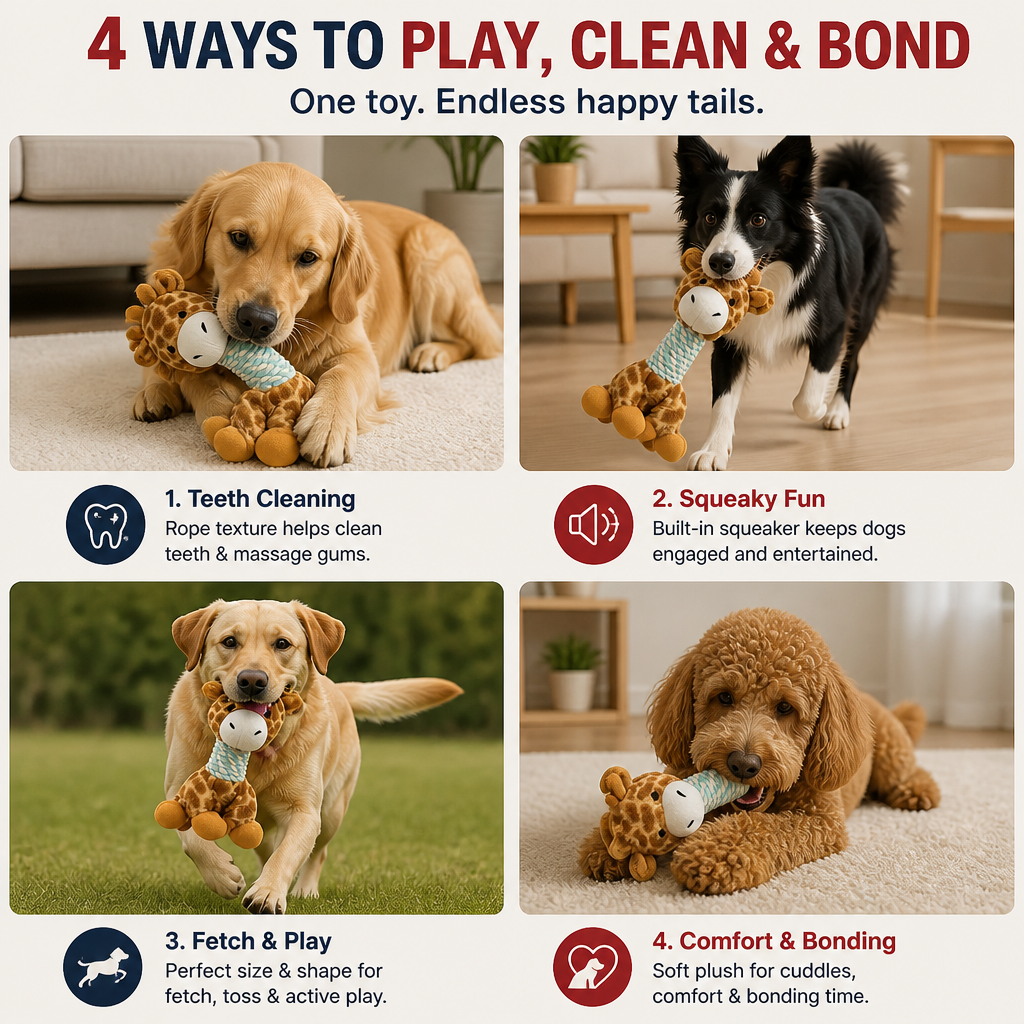 Durable Animal Plush Rope Dog Toy with Squeaker & Teeth Cleaning