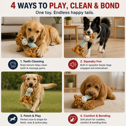 Durable Animal Plush Rope Dog Toy with Squeaker & Teeth Cleaning