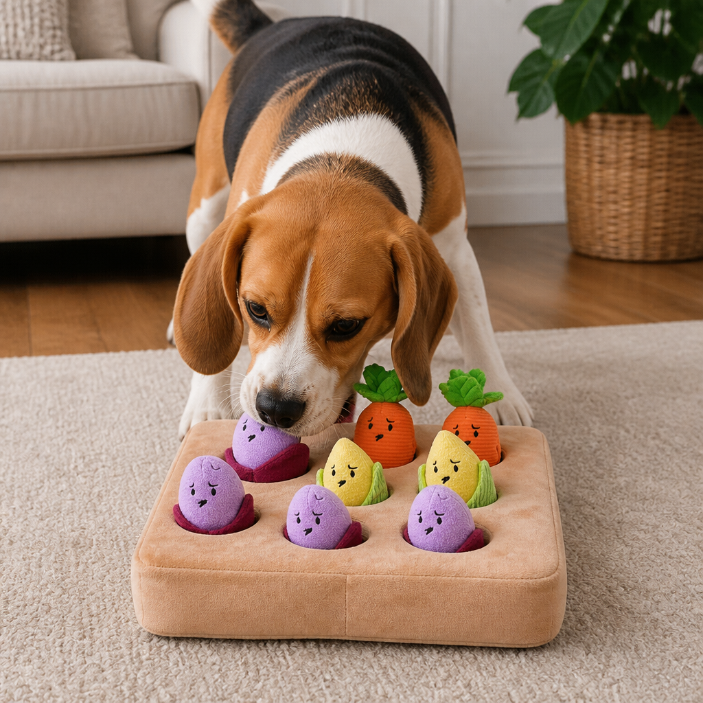 Interactive Vegetable Garden Treat Toy – Hide & Seek Snuffle Puzzle with Squeaky Veggies