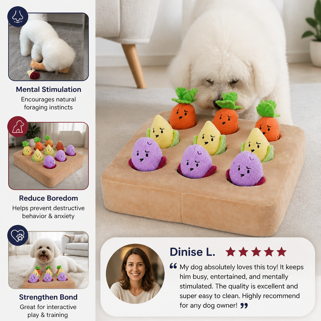 Interactive Vegetable Garden Treat Toy – Hide & Seek Snuffle Puzzle with Squeaky Veggies