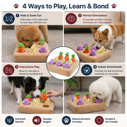 Interactive Vegetable Garden Treat Toy – Hide & Seek Snuffle Puzzle with Squeaky Veggies
