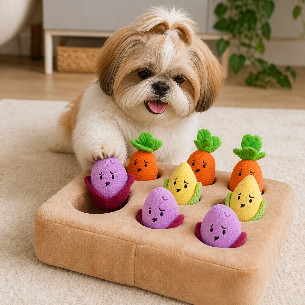 Interactive Vegetable Garden Treat Toy – Hide & Seek Snuffle Puzzle with Squeaky Veggies