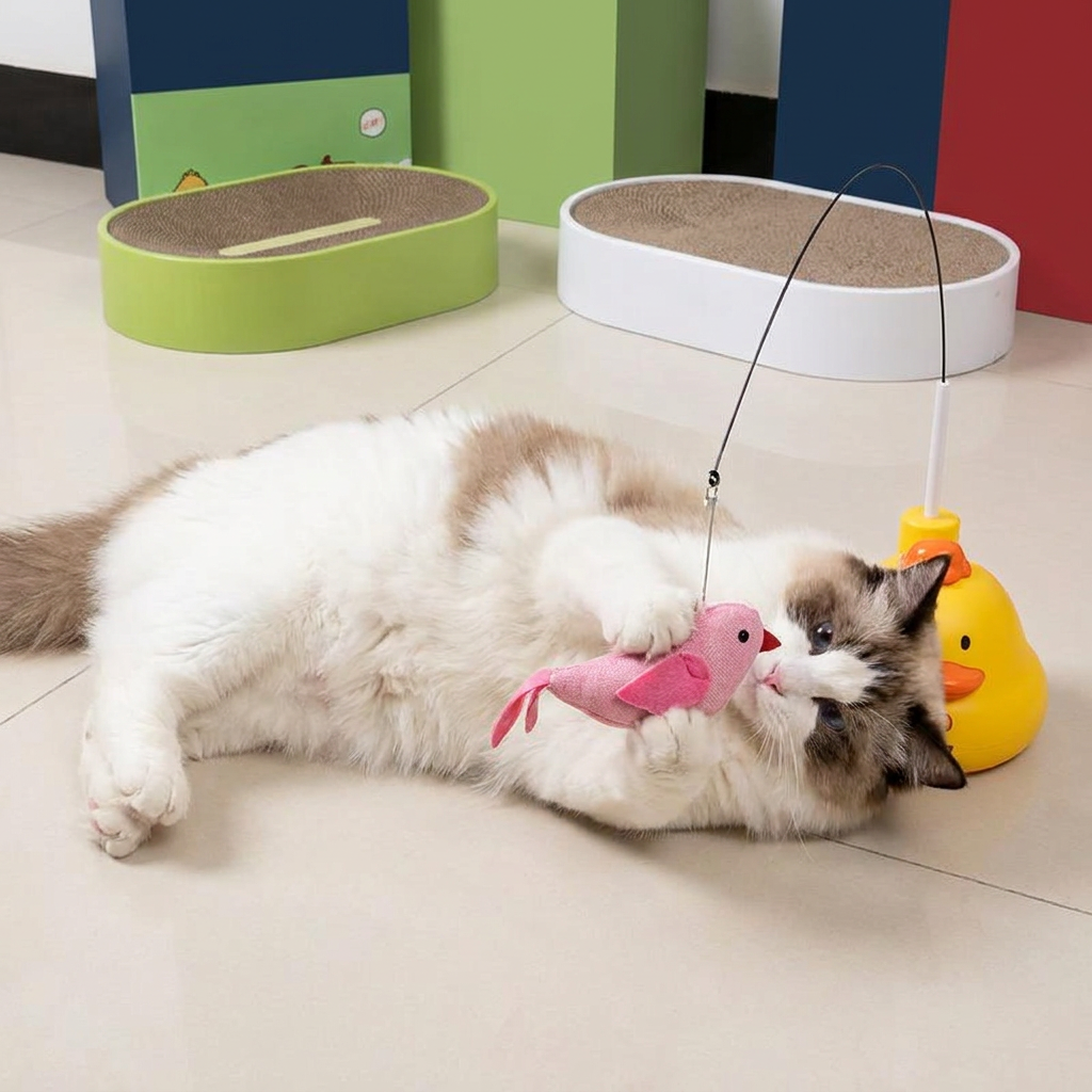 Interactive Duck Wand Cat Toy with Moving Feather and Fun Chase Play