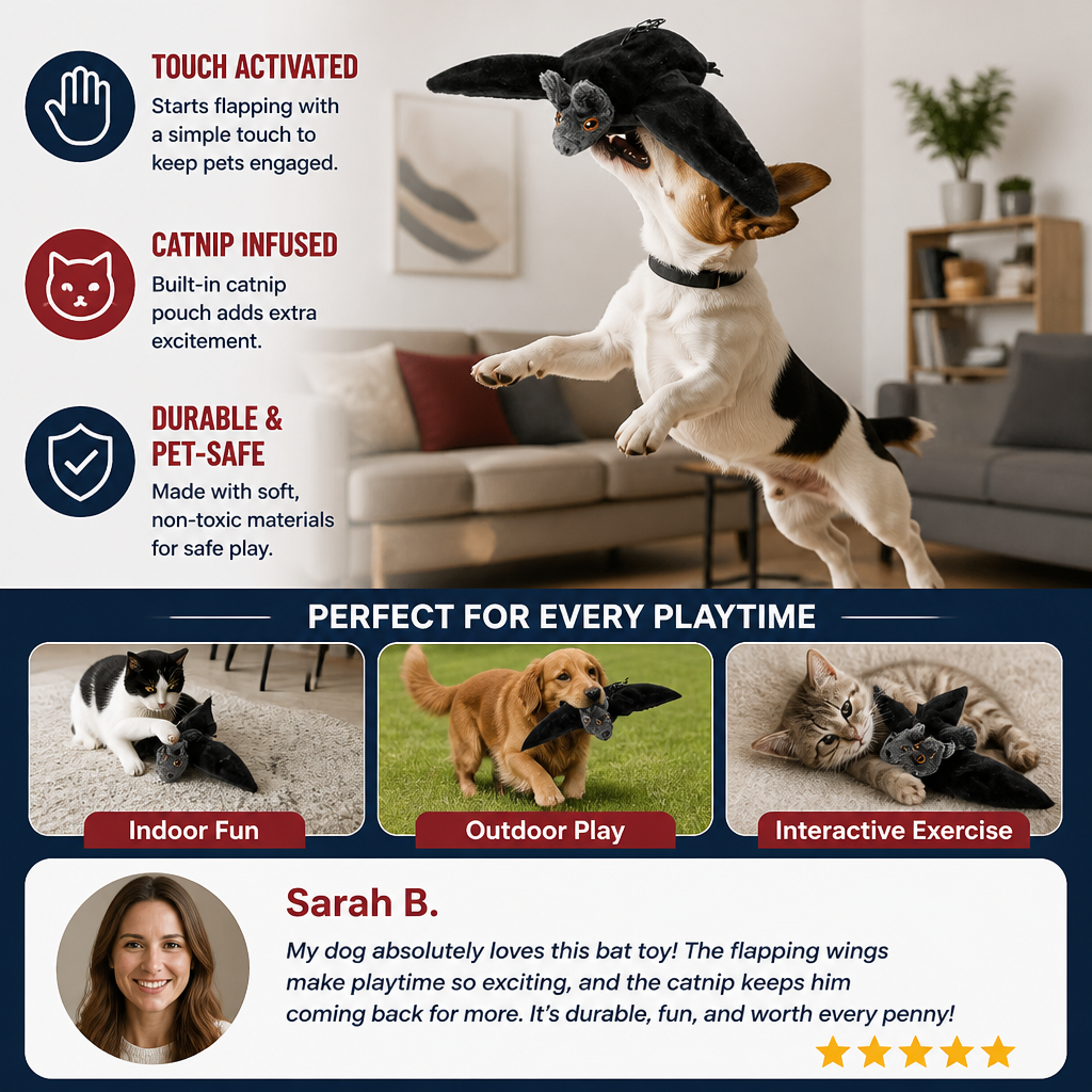 Touch—Activated Flapping Bat Dog Toy with Catnip