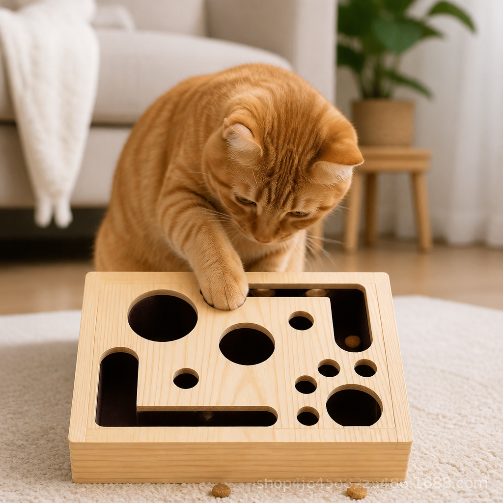 Interactive Wooden Cat Puzzle Box – Scratch, Hide & Treat Enrichment Toy