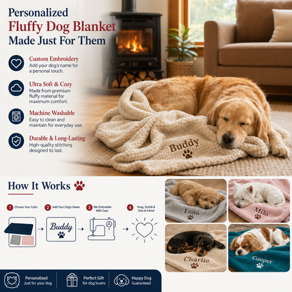 Personalized Fluffy Dog Blanket with Custom Embroidery