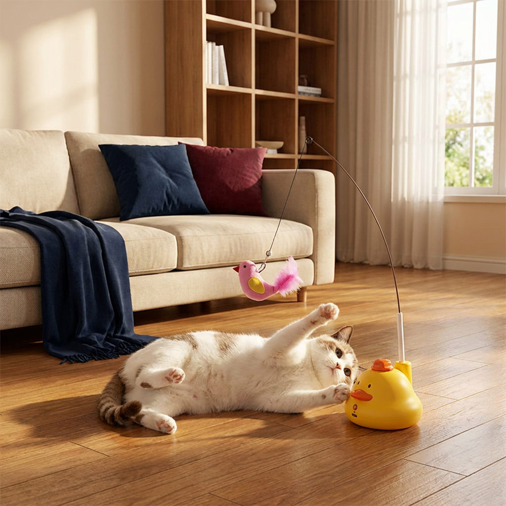 Interactive Duck Wand Cat Toy with Moving Feather and Fun Chase Play