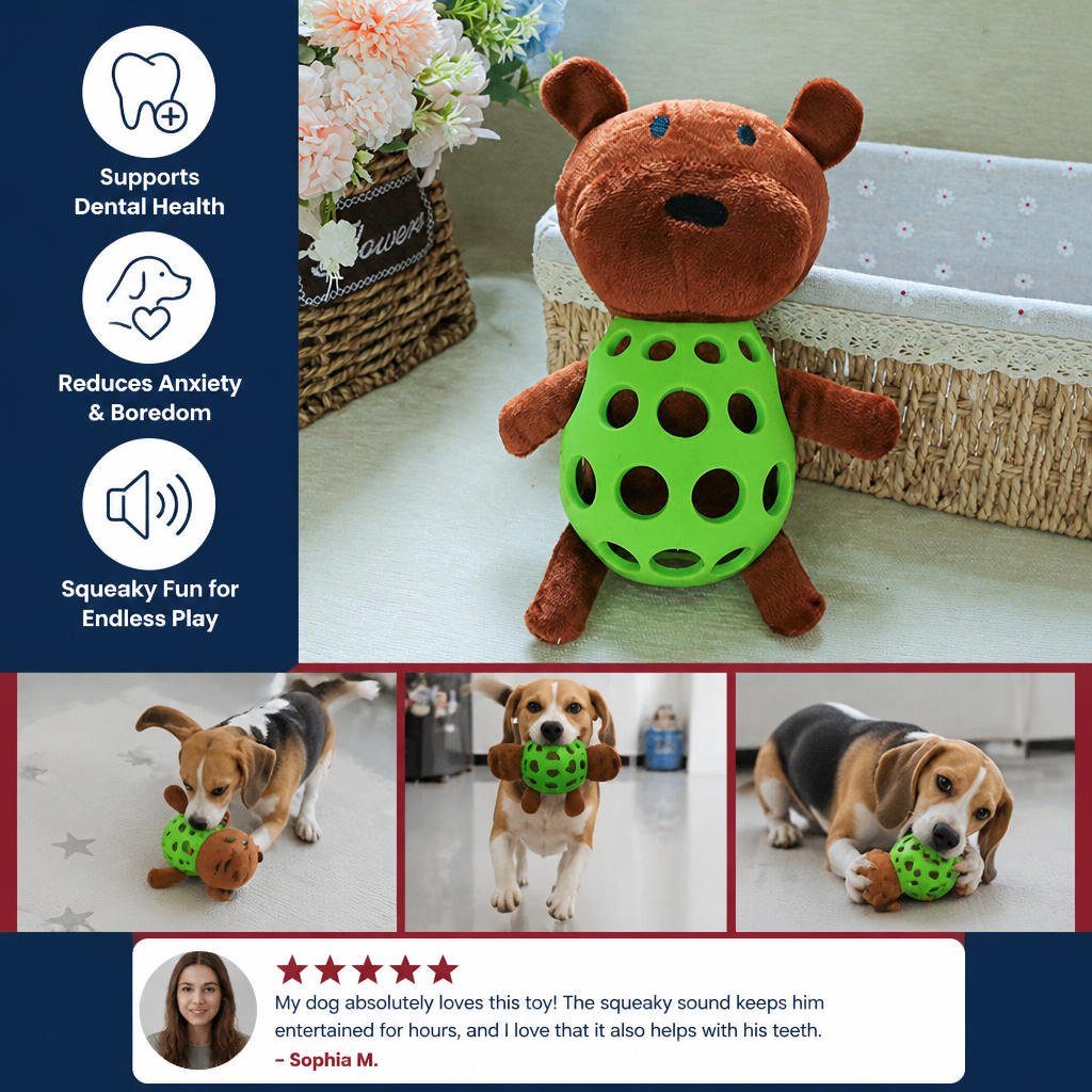 2-in-1 Bear Dog Toy – Squeaky Plush & Dental Chew Ball