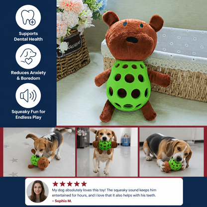 2-in-1 Bear Dog Toy – Squeaky Plush & Dental Chew Ball