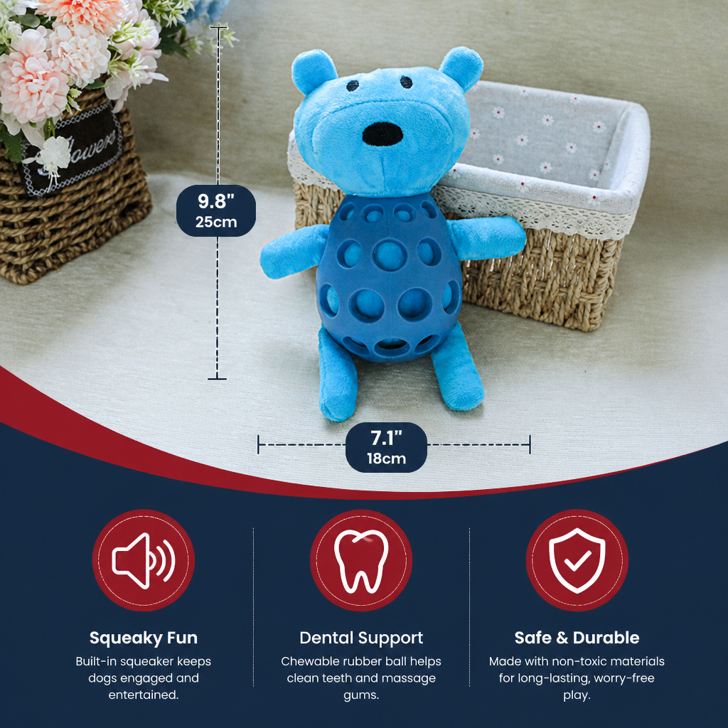 2-in-1 Bear Dog Toy – Squeaky Plush & Dental Chew Ball