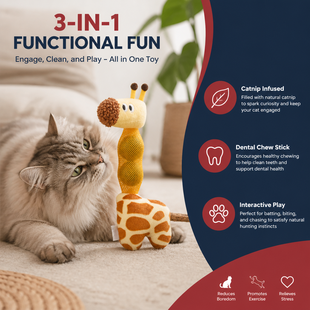 3-in-1 Dental Giraffe Cat Toy – Plush, Catnip Balls & Natural Chew Stick