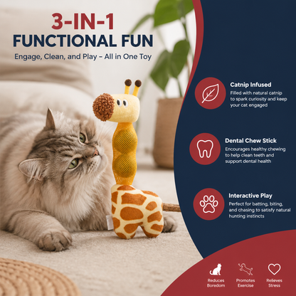 3-in-1 Dental Giraffe Cat Toy – Plush, Catnip Balls & Natural Chew Stick