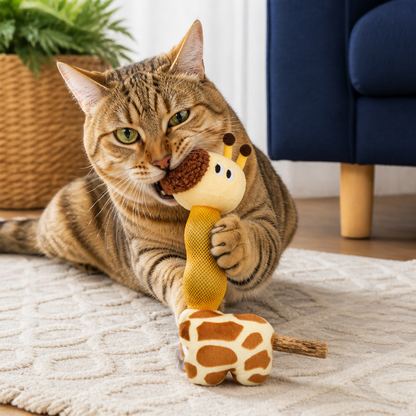 3-in-1 Dental Giraffe Cat Toy – Plush, Catnip Balls & Natural Chew Stick