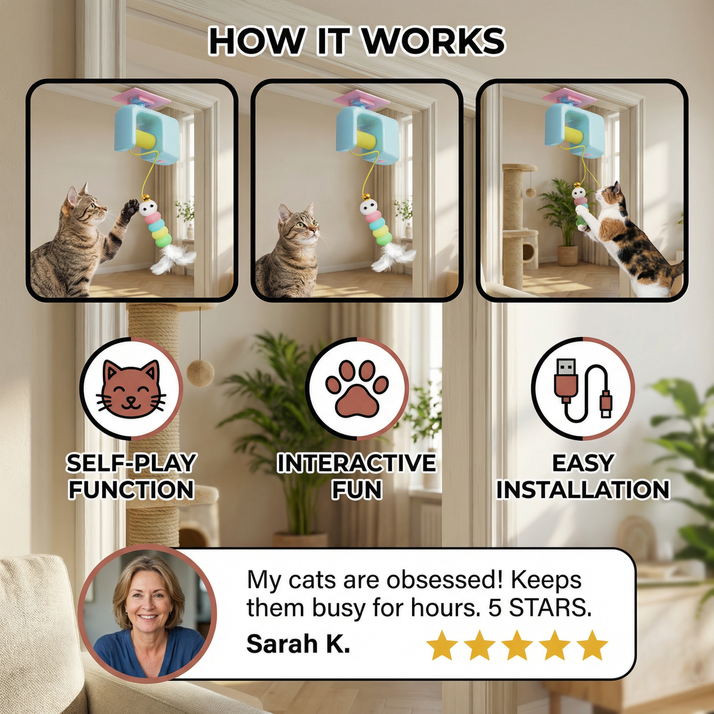 Interactive door yo-yo cat toy with self-play function