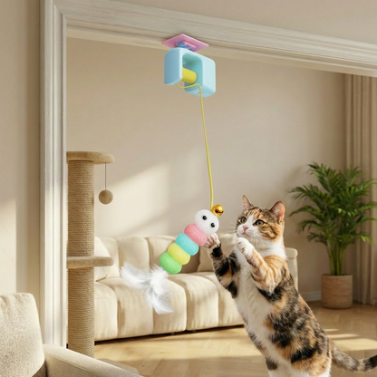 Interactive door yo-yo cat toy with self-play function